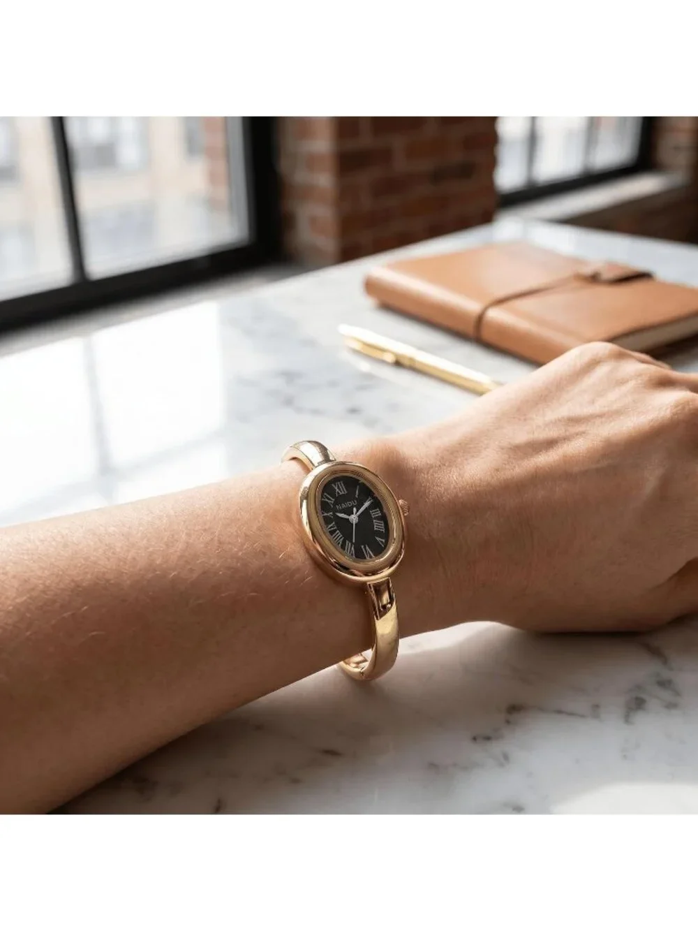 Women's Gold/Black Elegant Open-Cuff Bracelet Roman Numeral Dial Wrist Watches